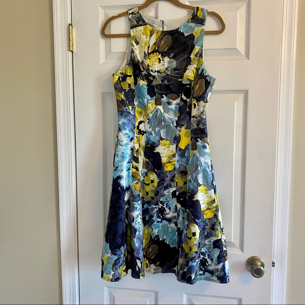 Yellow/Blue Floral Print Dress (with Pockets!)